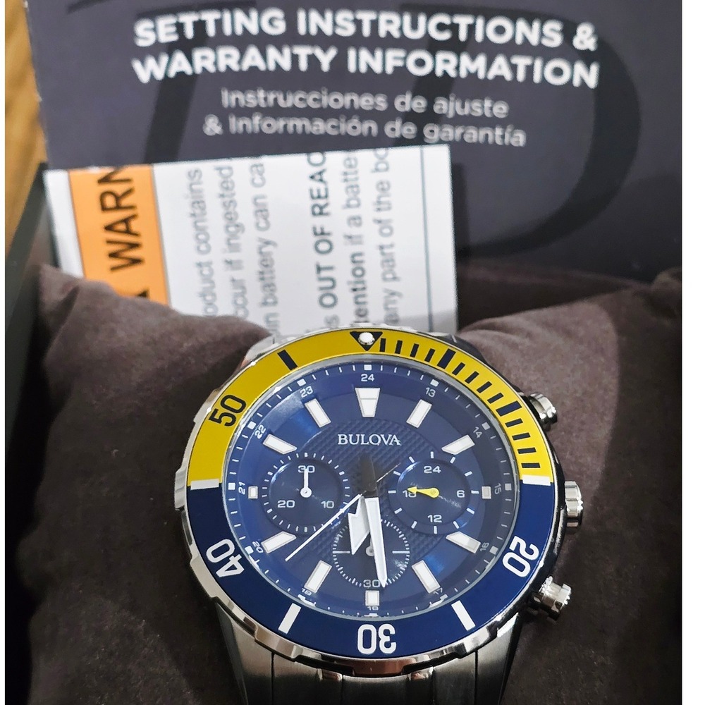 Bulova Men Chronograph Stainless Steel Watch Blue Dial Sport Diver Casual Luxury